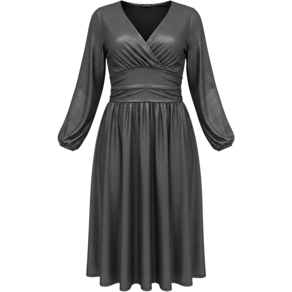 Lane Bryant Metallic Shimmer V-Neck Midi Dress Charcoal Silver Long Sleeve 10/12